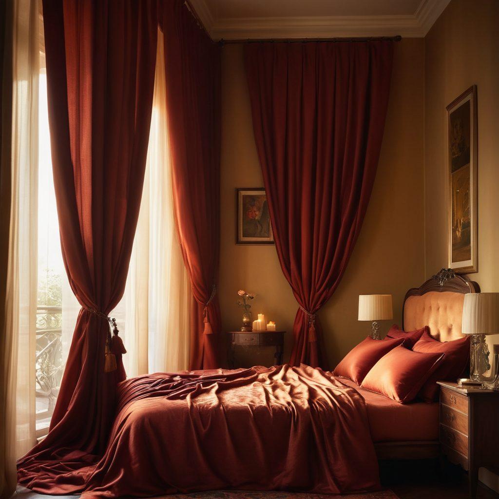 A captivating, intimate scene featuring an elegantly arranged bedroom with soft lighting, delicate silk sheets, and romantic candles flickering, creating a warm atmosphere. Portray a plush armchair nearby with a book open, inviting the reader to explore its sensual stories. Subtle silhouettes of lovers can be seen through a sheer curtain in the background, evoking curiosity and allure. The color palette should be rich and inviting, filled with deep reds and golds. super-realistic. warm tones. cozy ambiance.