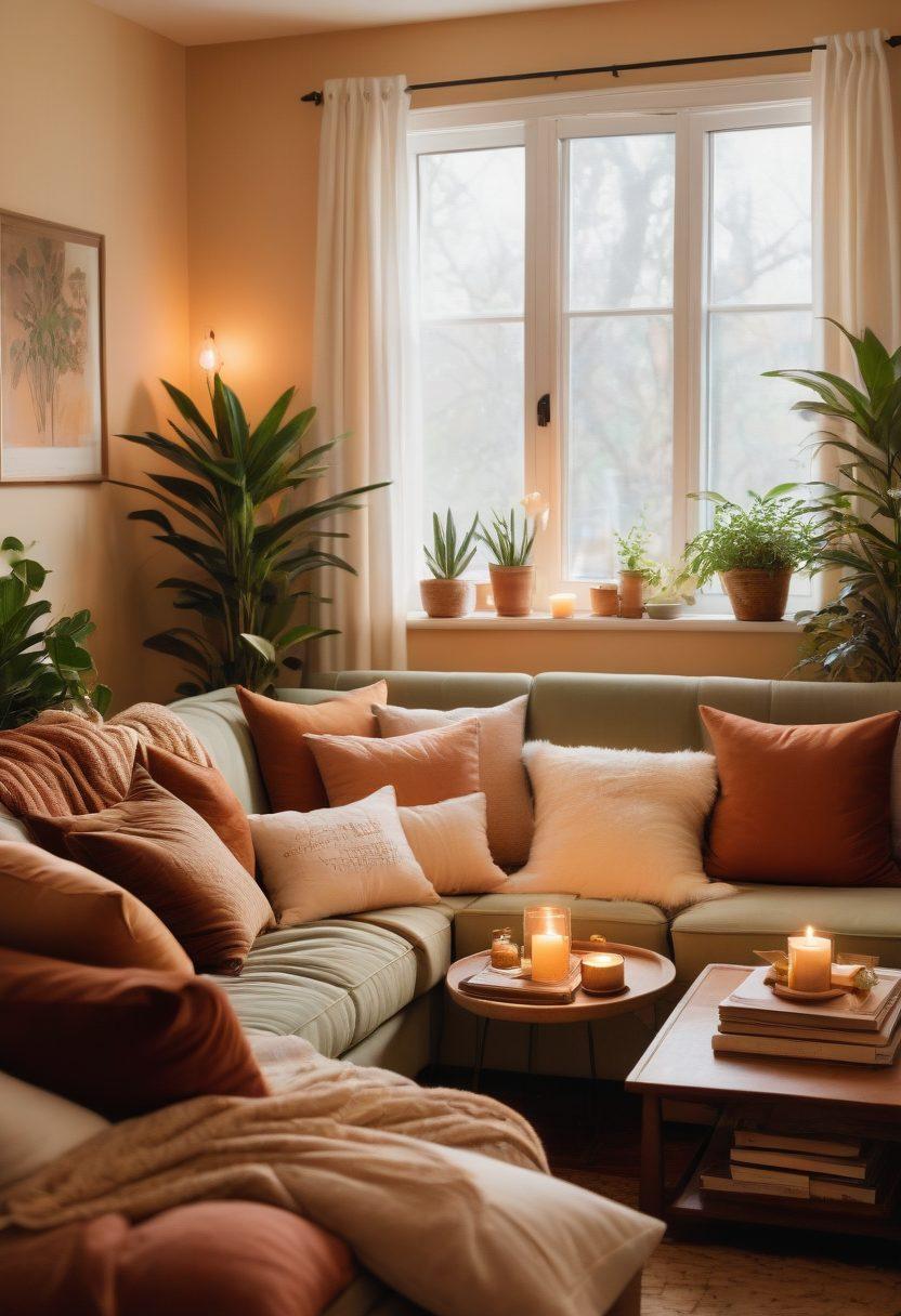 A cozy, inviting space with soft lighting, showcasing a comfortable sofa adorned with plush pillows where two people are sharing a heartfelt conversation. Personal artifacts like journals, candles, and plants surround them, creating an atmosphere of intimacy and trust. Warm colors fill the scene, inviting viewers to engage in the theme of personal narratives and sexual wellness. soft focus photography. warm tones. cozy aesthetic.