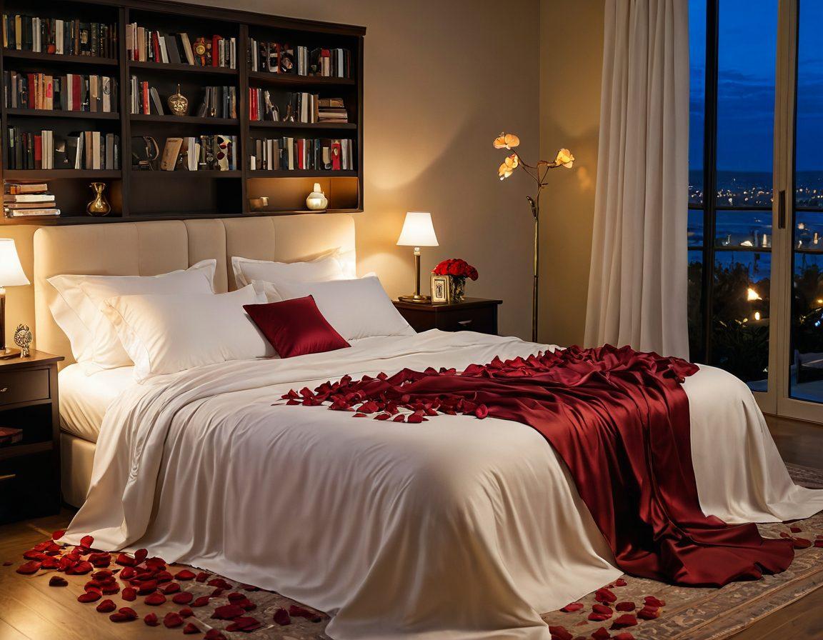 A romantic setting featuring an elegant bed draped with sheer fabrics, surrounded by soft candlelight and scattered rose petals. In the background, a bookshelf filled with enticing novels, emphasizing the theme of adult stories. A glass of red wine sits invitingly on a small table, creating a warm and intimate atmosphere. The overall mood is sensual and luxurious. super-realistic. vibrant colors. soft focus.